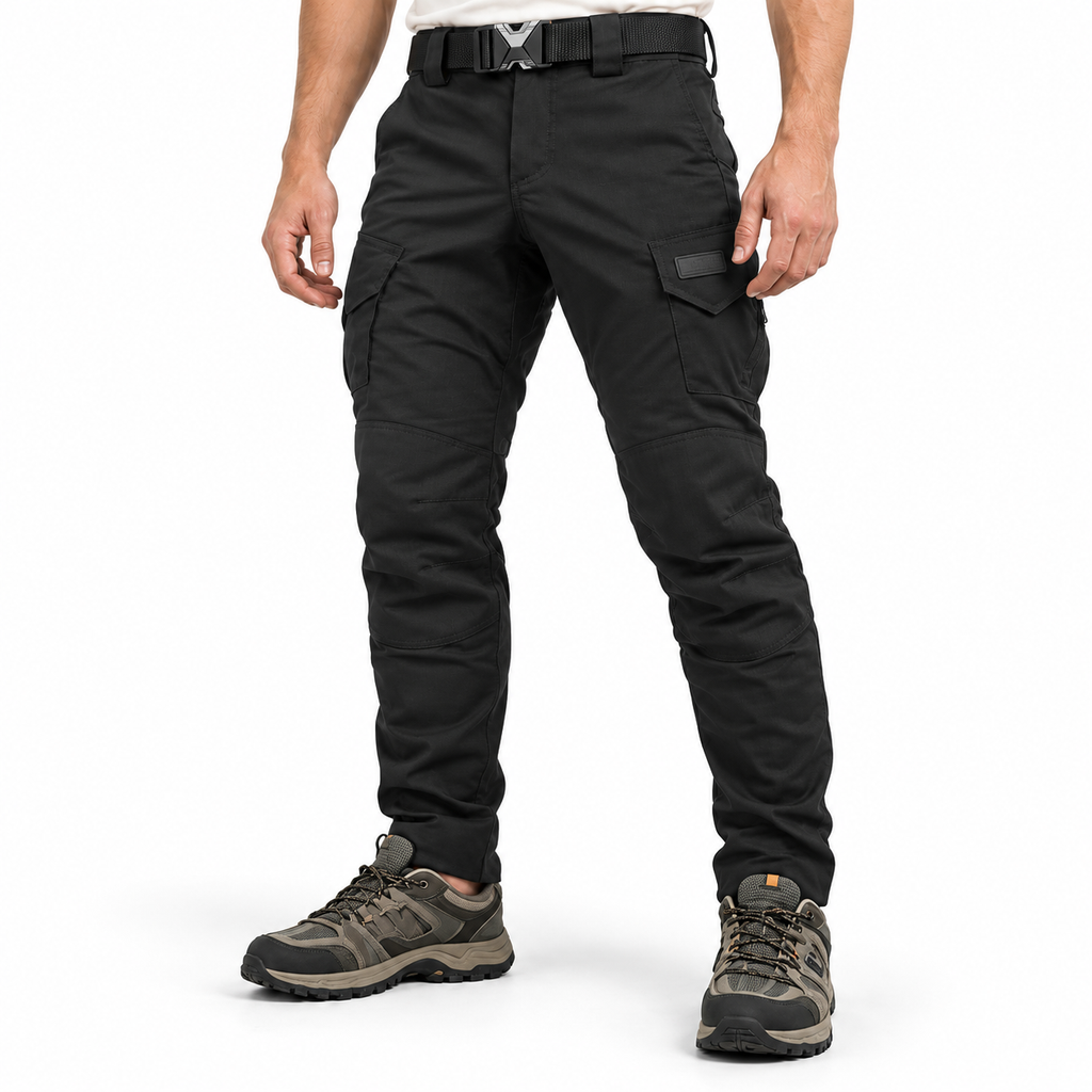 Black Phantom stretch ripstop cargo trousers, waist-down model view on a white background