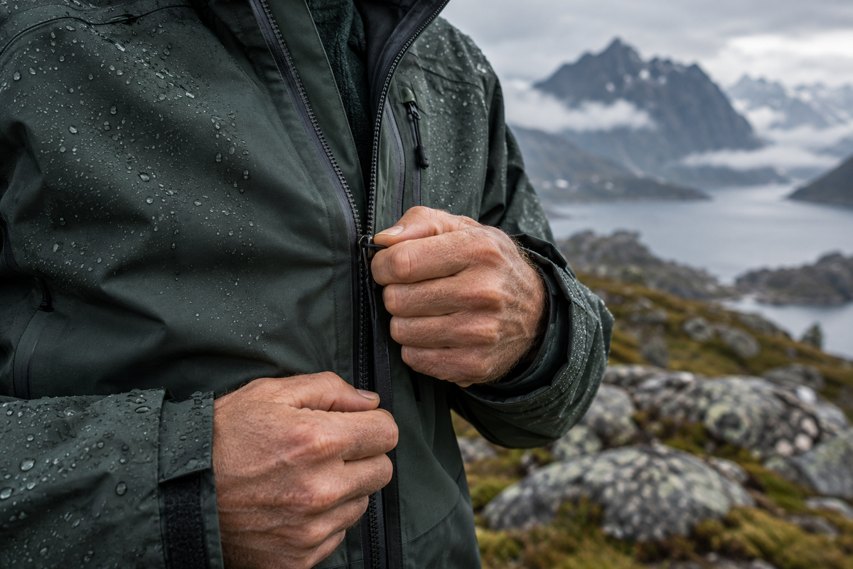 Close-up of a dark green jacket in an outdoor setting