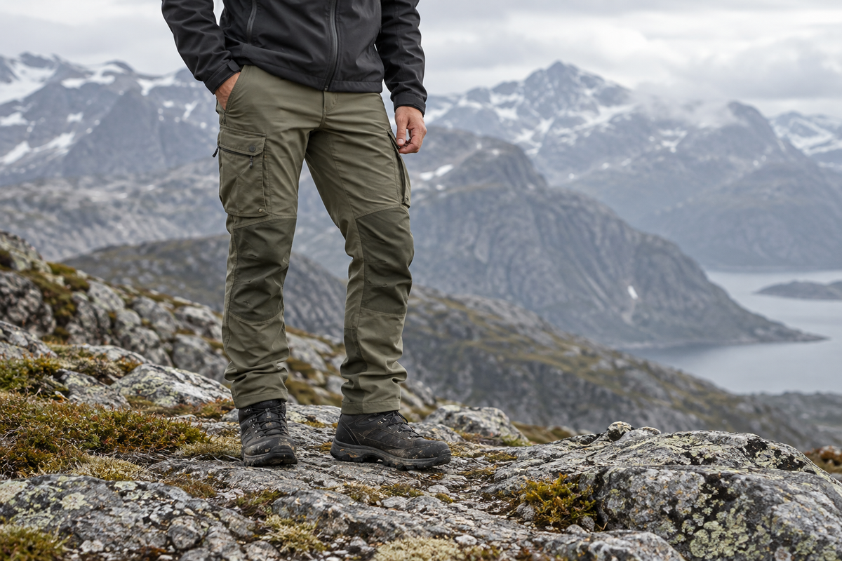 Outdoor trousers in a Nordic mountain landscape