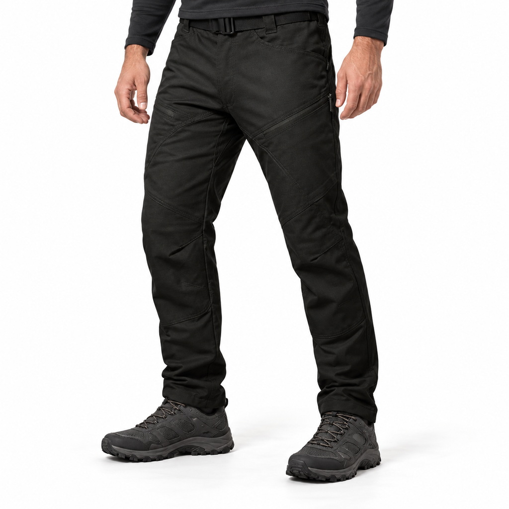 Urban Pro stretch cargo trousers in black — waist-down styling illustration with unbranded hiking shoes