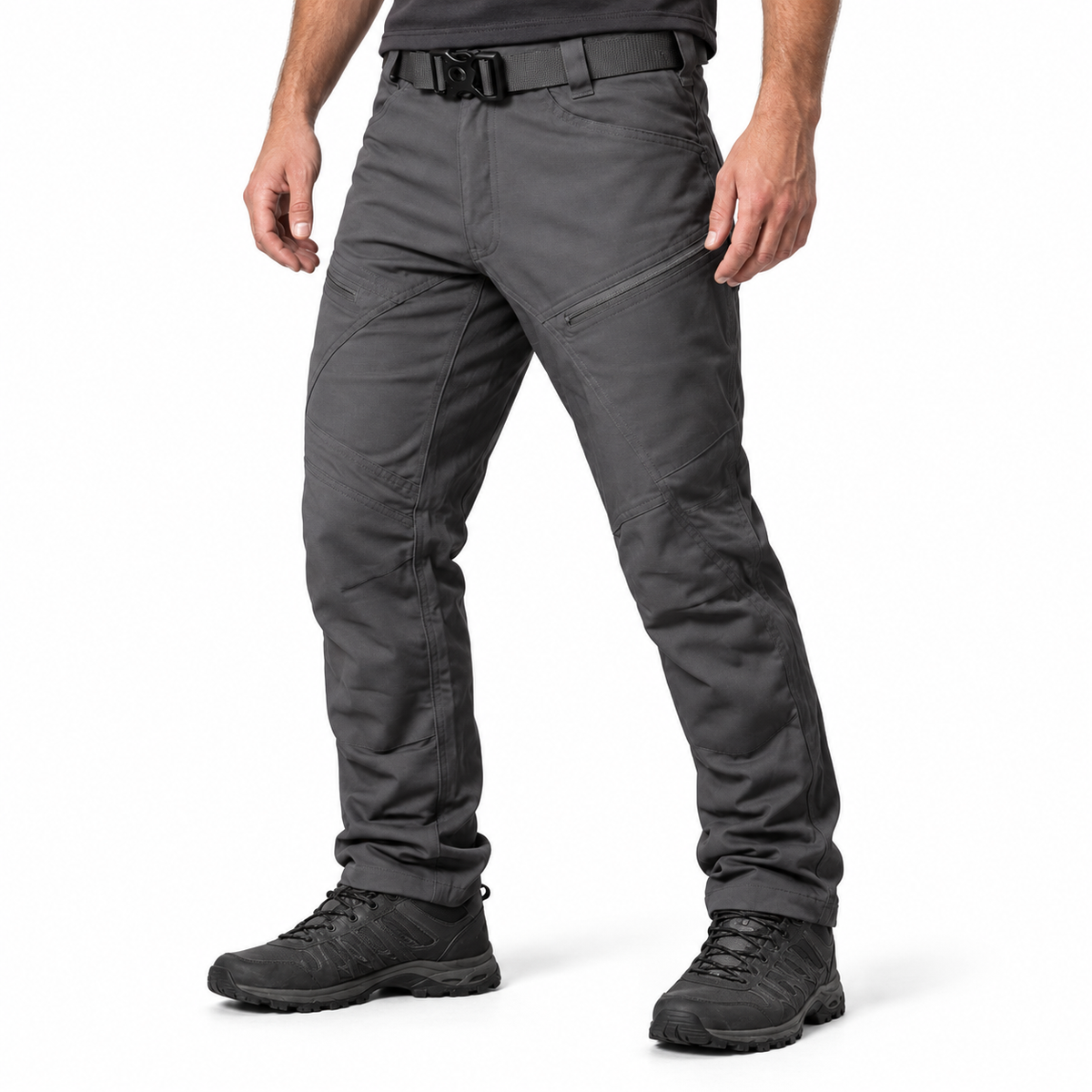 Urban Pro stretch cargo trousers in charcoal — waist-down styling illustration with unbranded hiking shoes