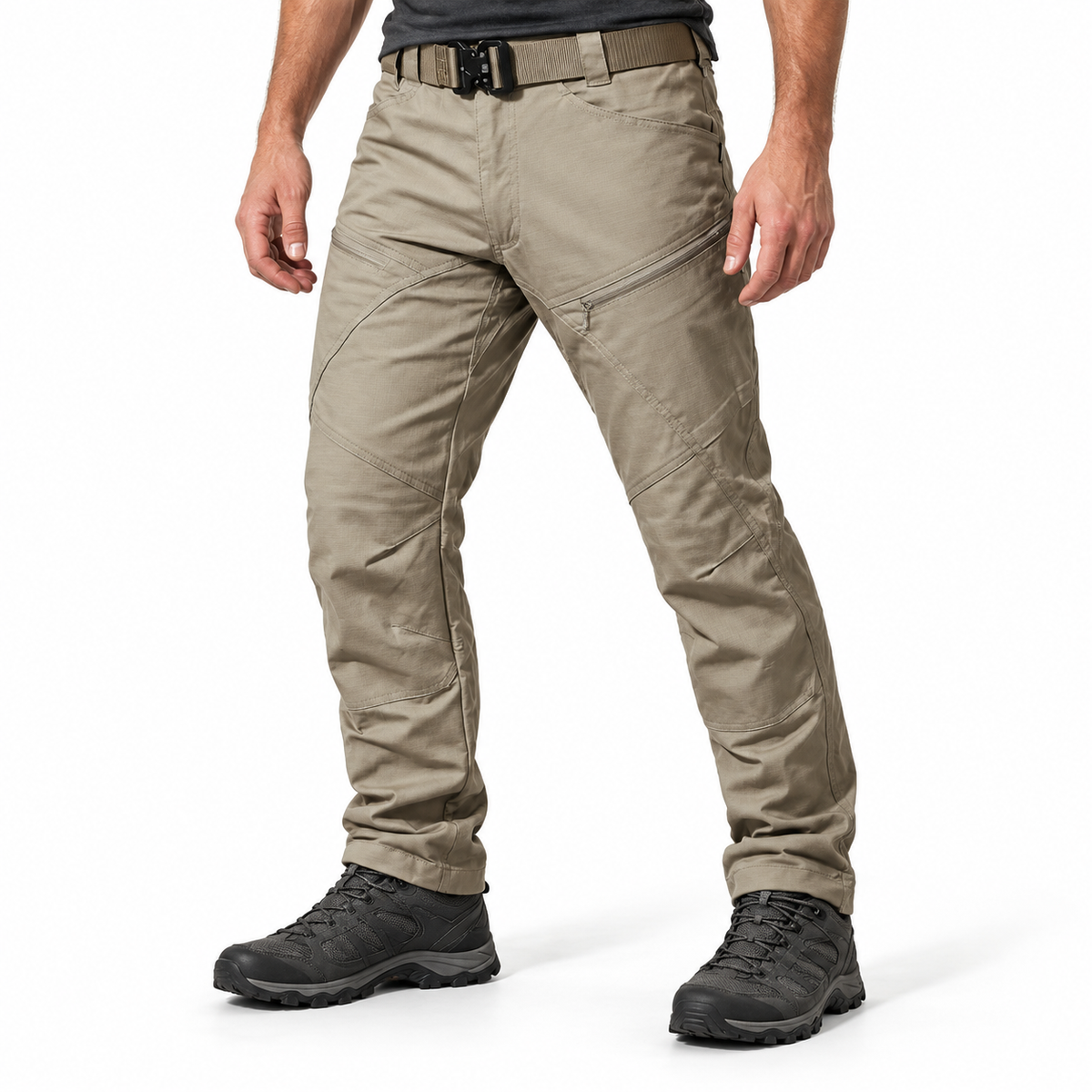 Urban Pro stretch cargo trousers in khaki — waist-down styling illustration with unbranded hiking shoes