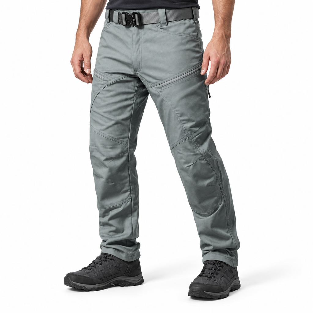 Urban Pro stretch cargo trousers in ranger green — waist-down styling illustration with unbranded hiking shoes