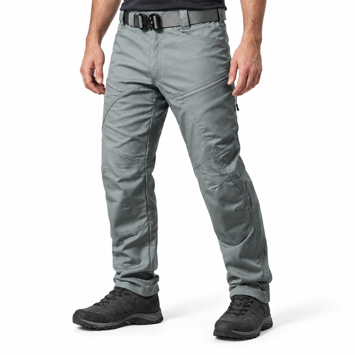 Urban Pro stretch cargo trousers in ranger green — waist-down styling illustration with unbranded hiking shoes