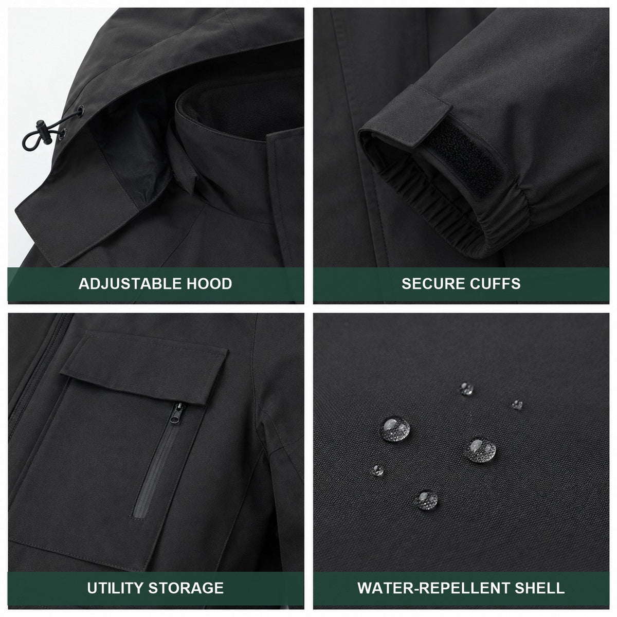 Tamar jacket hood cuffs pockets and water-repellent shell details