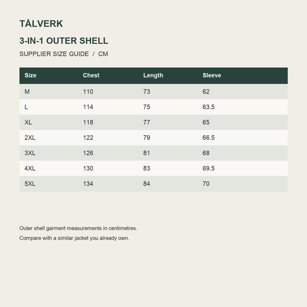 Tamar Men's 3-in-1 Waterproof Utility Jacket supplier size guide in centimetres