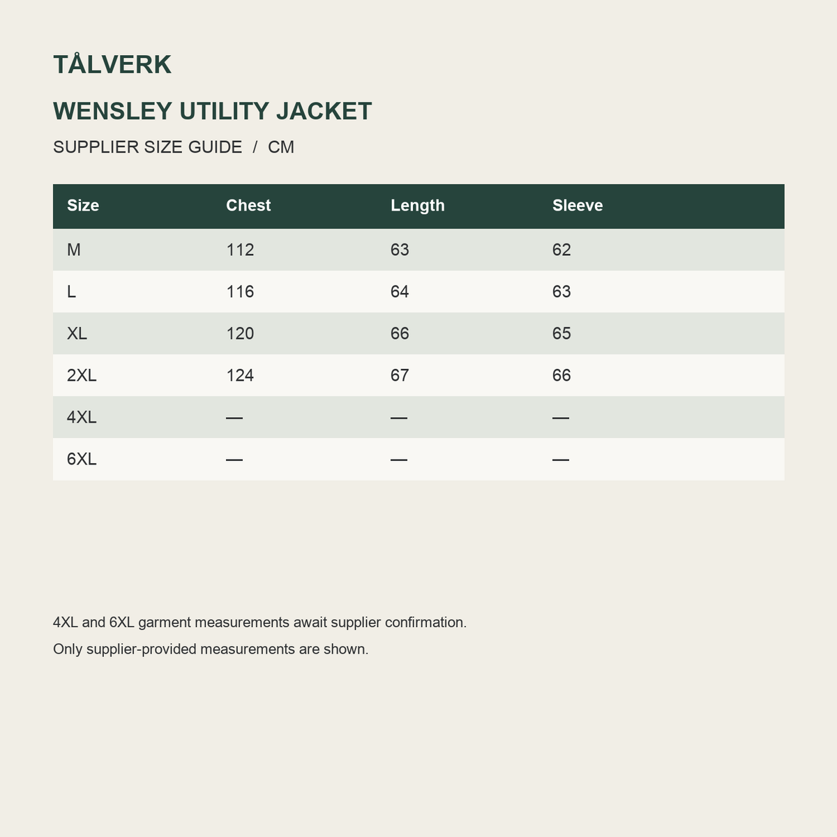 Wensley Hooded Utility Jacket supplier size information