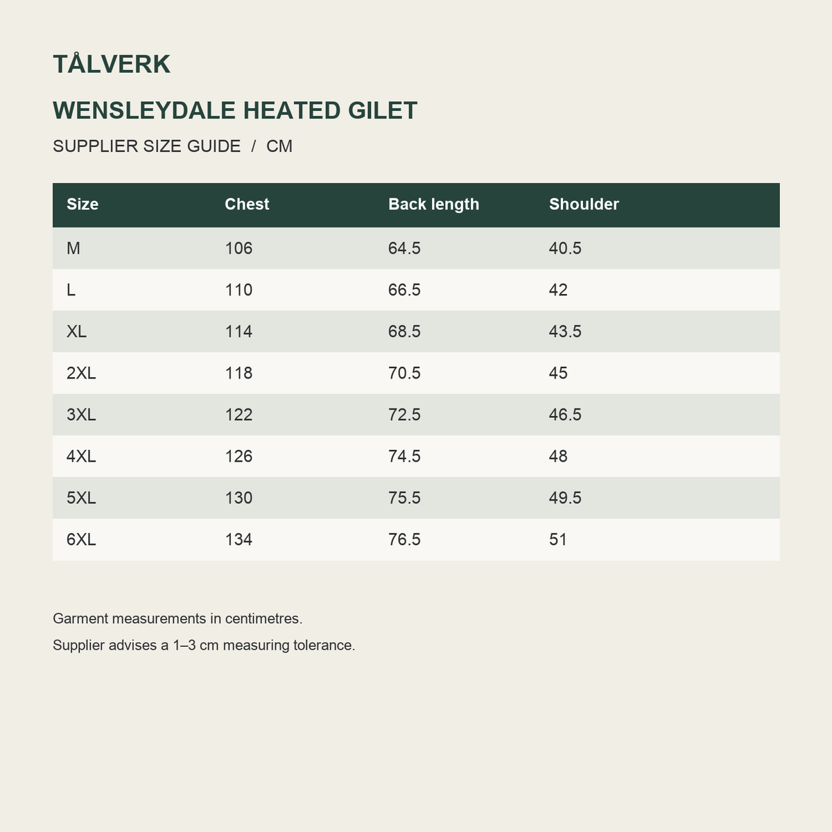 Wensleydale Men's Heated Utility Gilet supplier size guide in centimetres